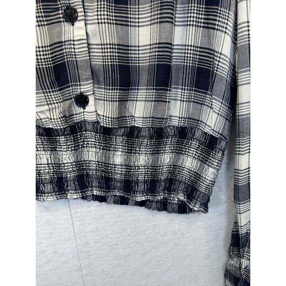 NWT Francesca's Blue Rain Women LS XL Top Navy Blue White Plaid Blouse - Picture 4 of 8